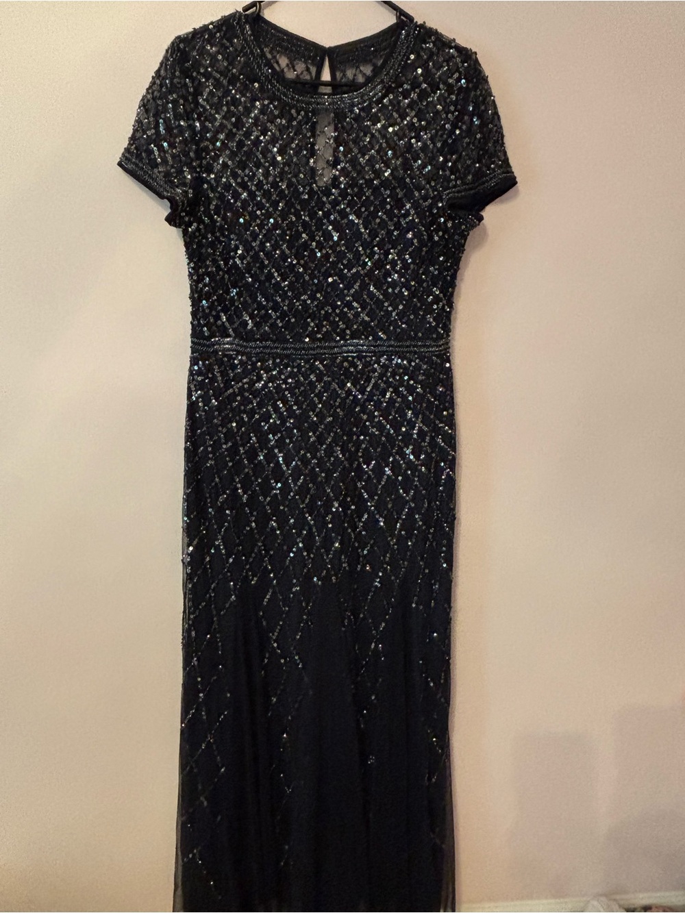 Adrianna Papell Navy Beaded Cap-Sleeve Maxi Dress Gown Size 14